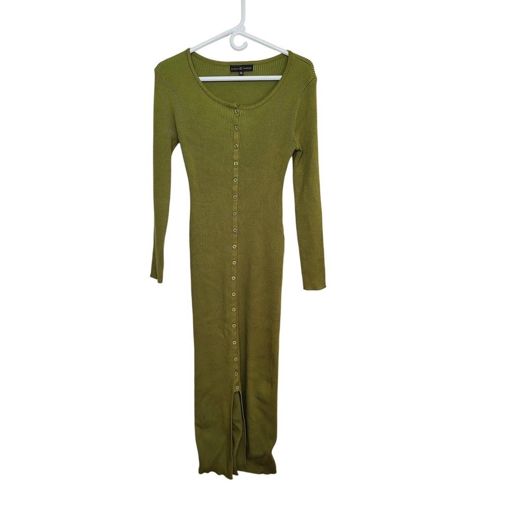 Wm Med Green‎ Ribbed Button Front Sweater Midi Dress Minimal Preppy Boho Cottage